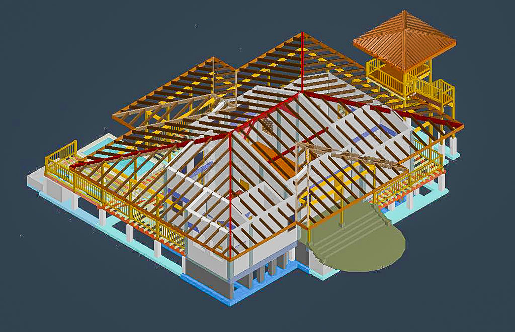 An AutoCad 3D model of a big house Built by Rarewood Construction in the Osa Peninsula
