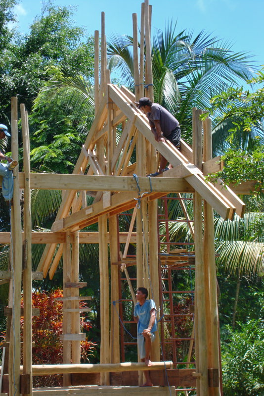 Wooden Trusses in place for a Lodge Built by Rarewood General Contractor in Puerto Jimenez Osa Peninsula